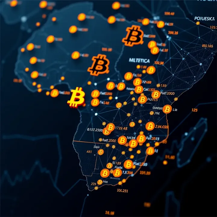 Bitcoin Investment Dynamics and Global Influences for South African Investors Map highlighting South Africa with data points representing Bitcoin investment activities and global market connections