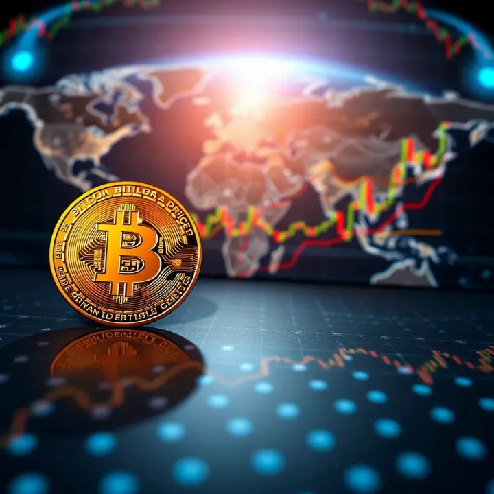 Graph showing recent Bitcoin price fluctuations against a global financial backdrop