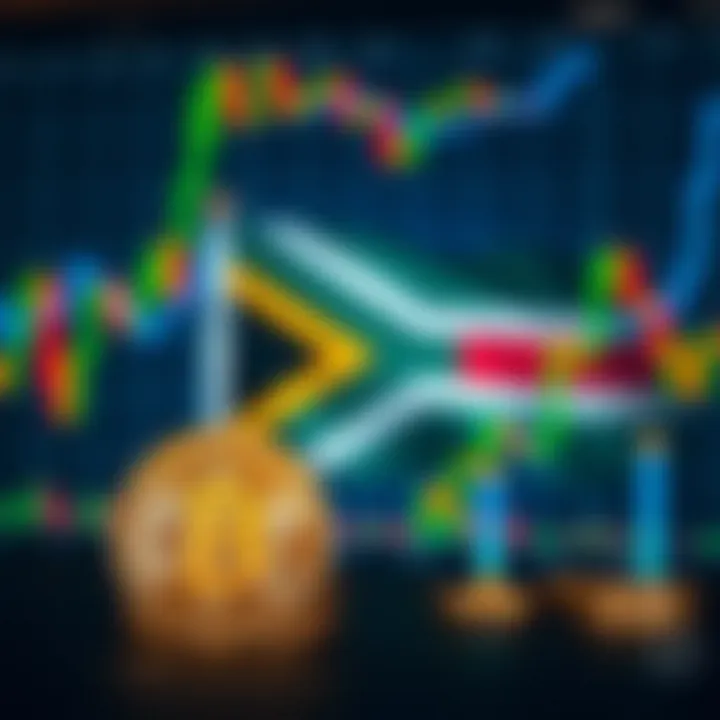 Illustration showing South African flag alongside Bitcoin symbol with financial charts in the background