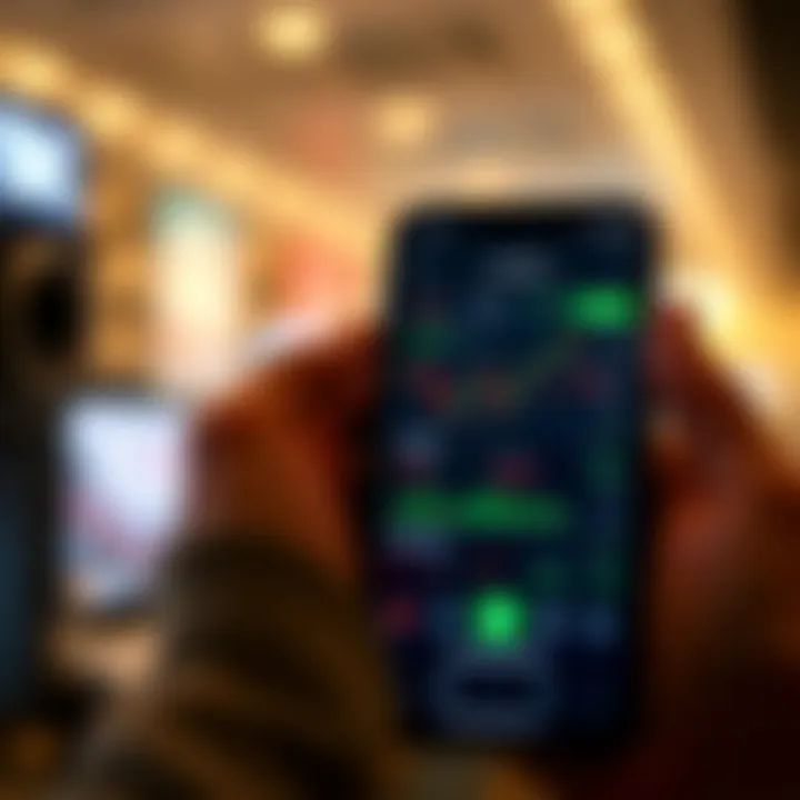 Mobile phone displaying the FBK Markets trading app interface with charts and financial data