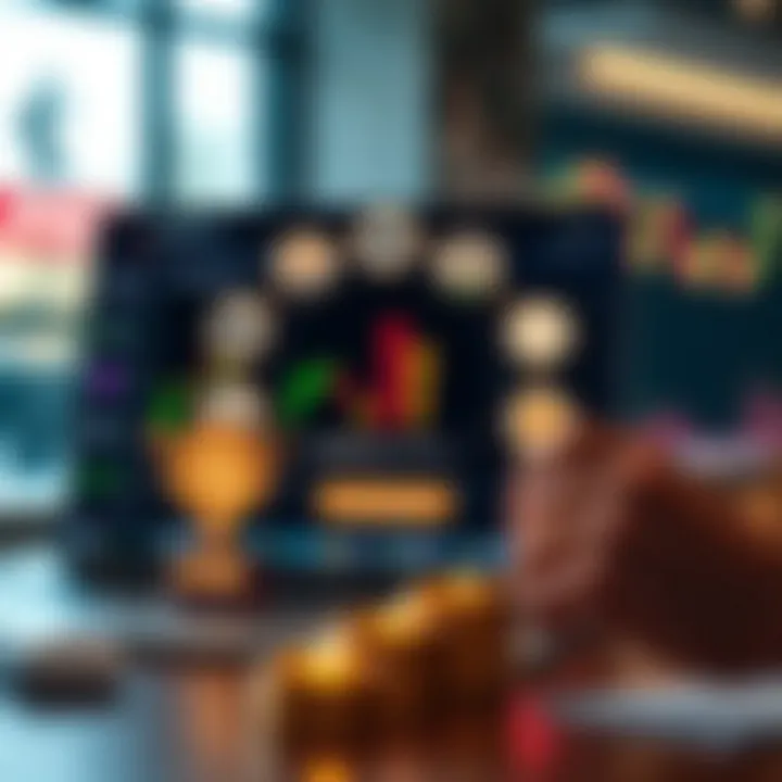 Visualization of trading strategies and community engagement icons representing collaboration and prize rewards