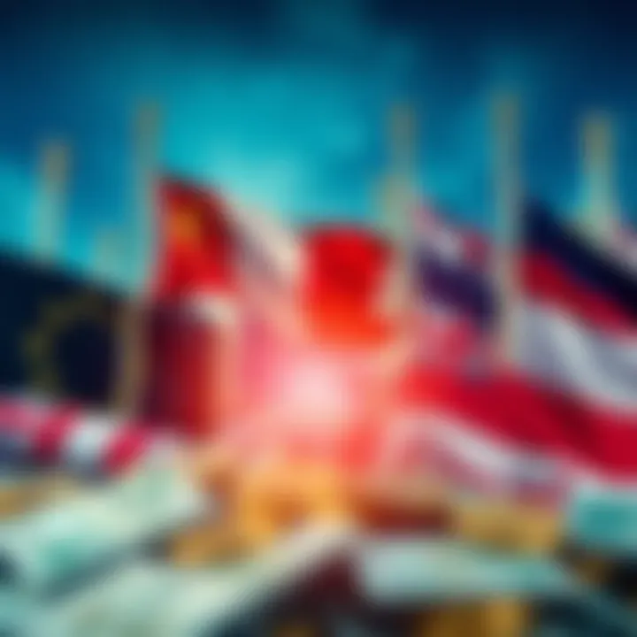 Geopolitical Factors Affecting Currency Market Dynamics Illustration of geopolitical factors impacting currency markets with flags and financial symbols