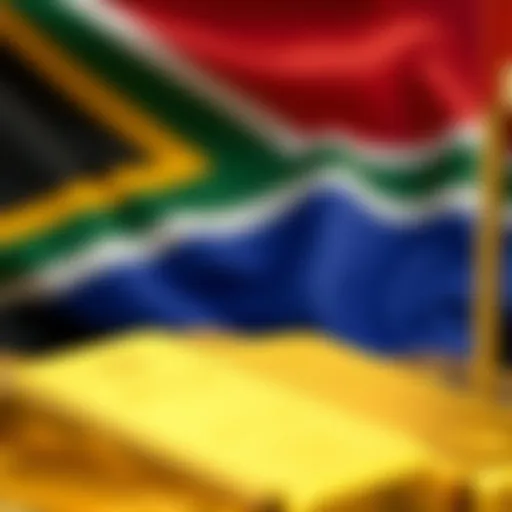 Close-up of gold bars with South African flag in the background representing local market factors