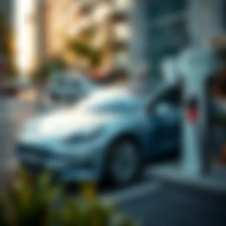 Tesla electric vehicle charging with supercharger in a modern urban setting