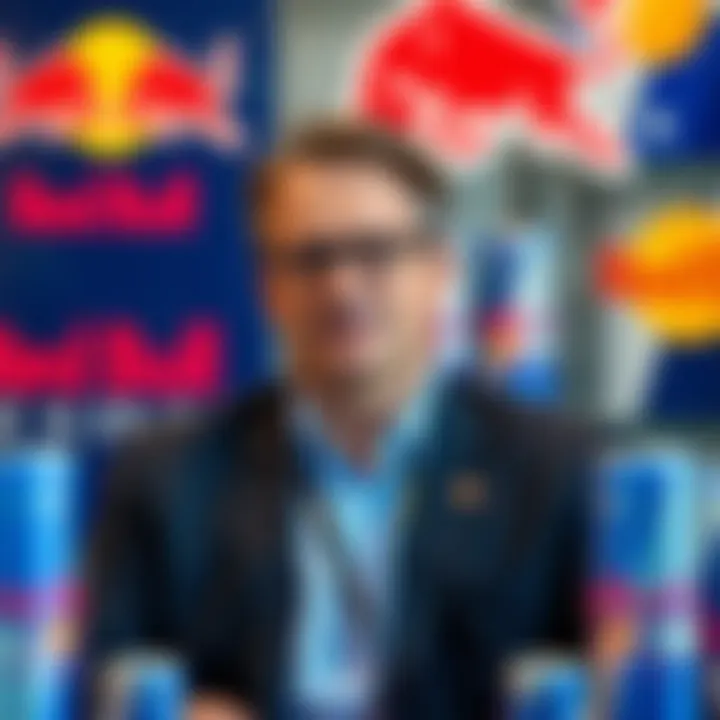 Mark Mateschitz overseeing Red Bull branding elements with energy drink cans and logo displays