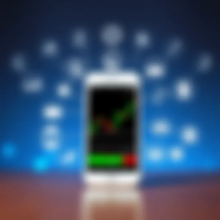 Mobile Trading App Features and Broker Connectivity Illustration of a smartphone connected to various financial icons representing trading features and broker integration