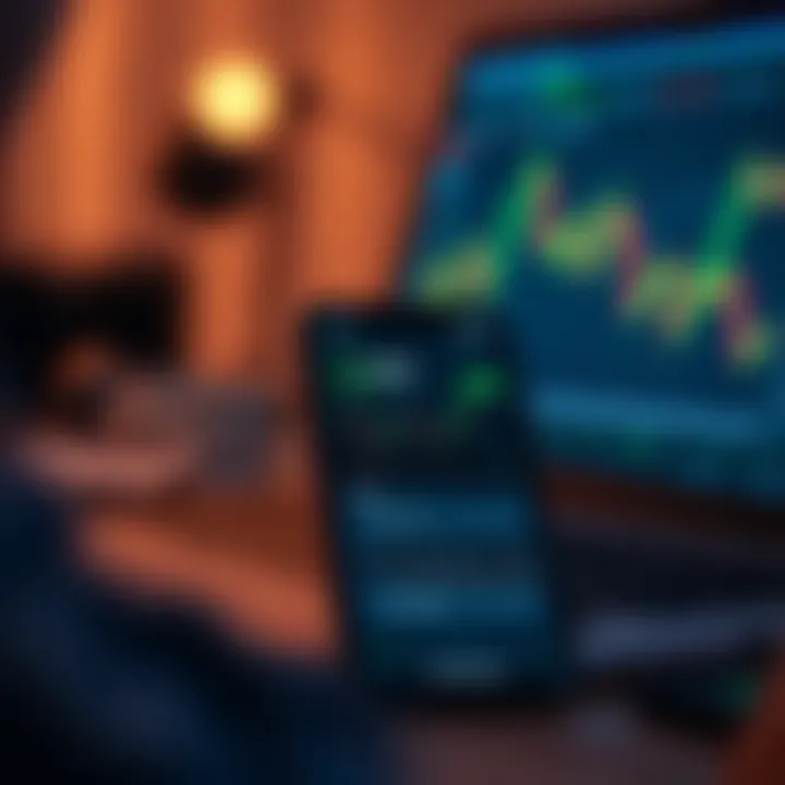 Mobile phone displaying a financial trading application with graphs and charts on the screen