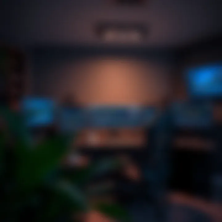 Modern trading room setup with multiple monitors and ergonomic chair