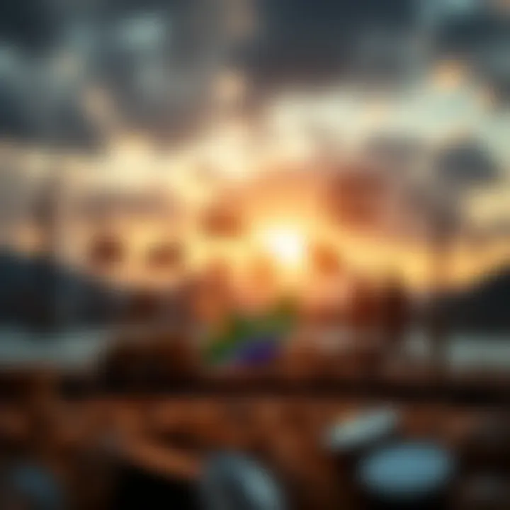 Stylized representation of South African economy sectors with icons representing mining, finance, and commodities