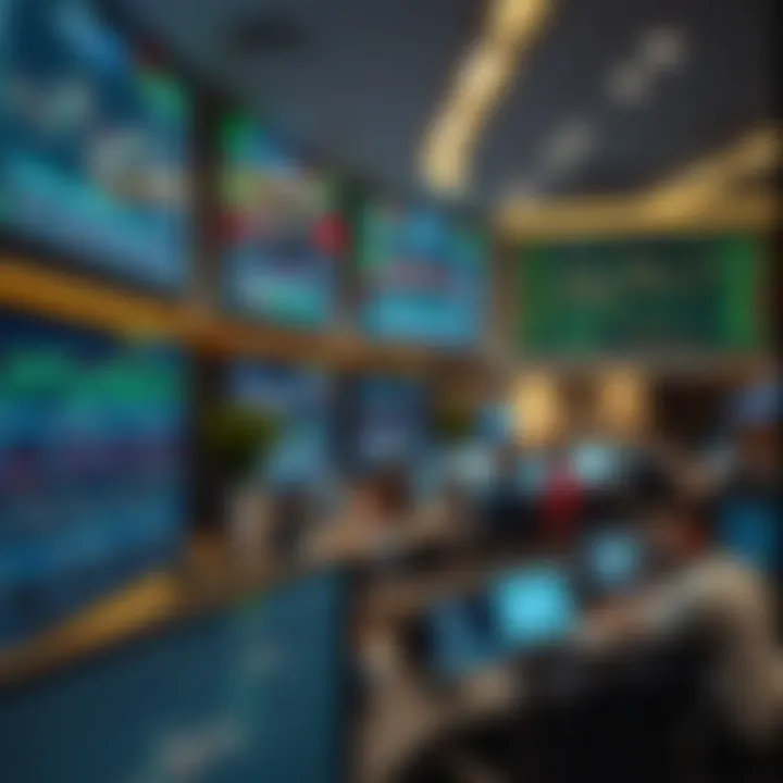 A modern trading floor showcasing dynamic financial charts and digital data screens illustrating market trends