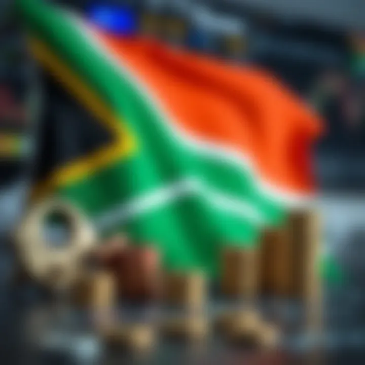 Conceptual illustration of trading strategies and risk management with financial icons and South African flag