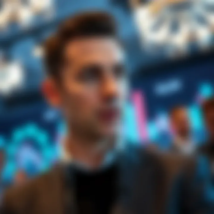 Ran Neuner speaking at a cryptocurrency conference with digital currency icons in the background