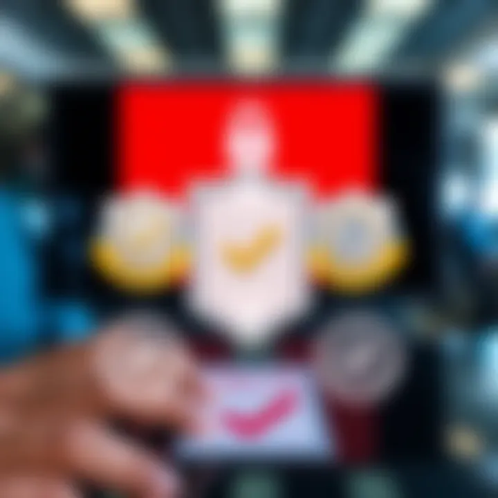 Graphic depicting verification badges and document approval icons representing compliance and validation