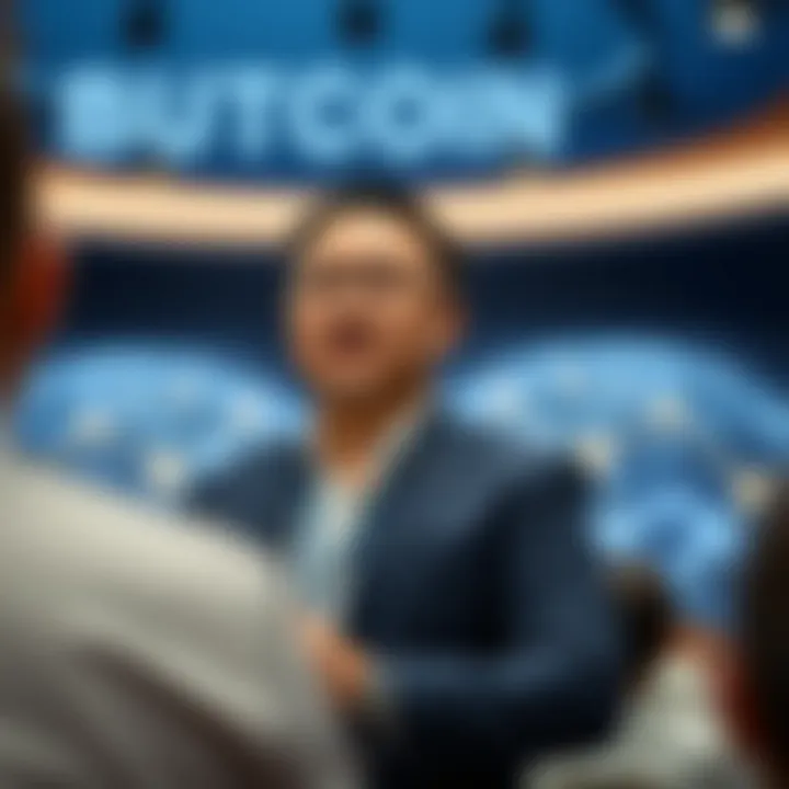 Samson Mow speaking at a cryptocurrency conference with blockchain graphics in the background