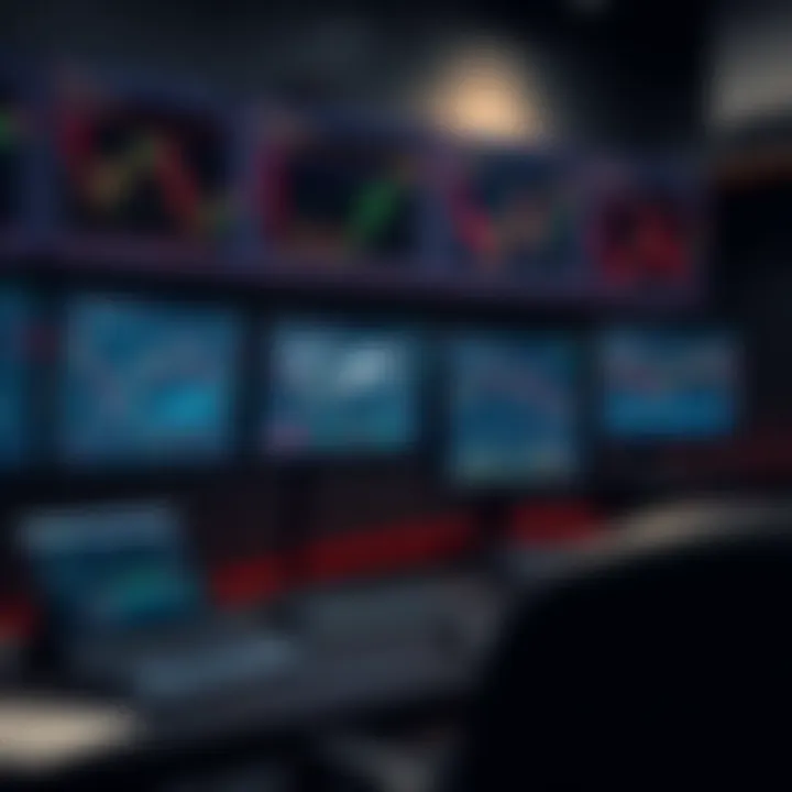 Desktop setup with multiple monitors displaying trading charts and risk management software