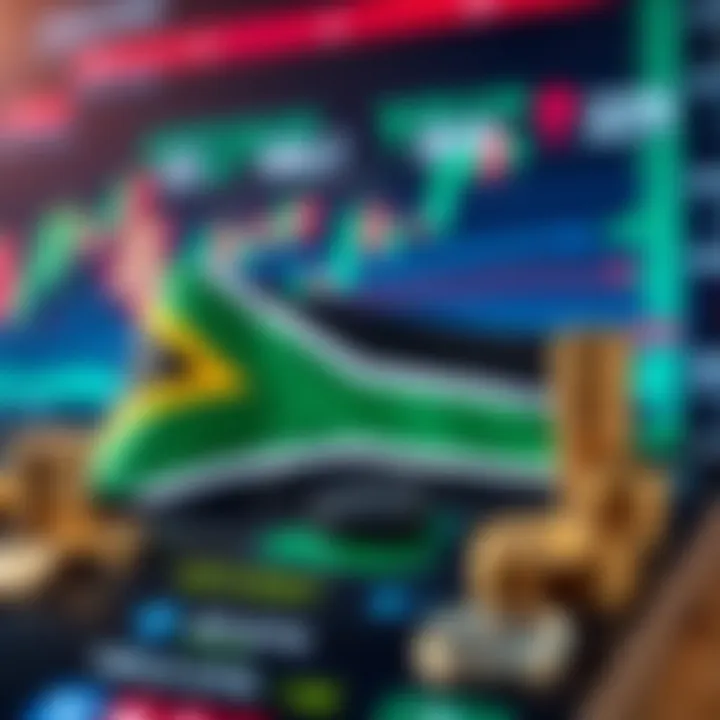 South African Forex Market Overview with Currency Icons Illustration of South African flag combined with forex market symbols and charts
