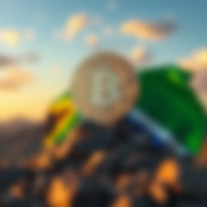 Symbol of bitcoin rising above the South African flag signifying cryptocurrency success in the country