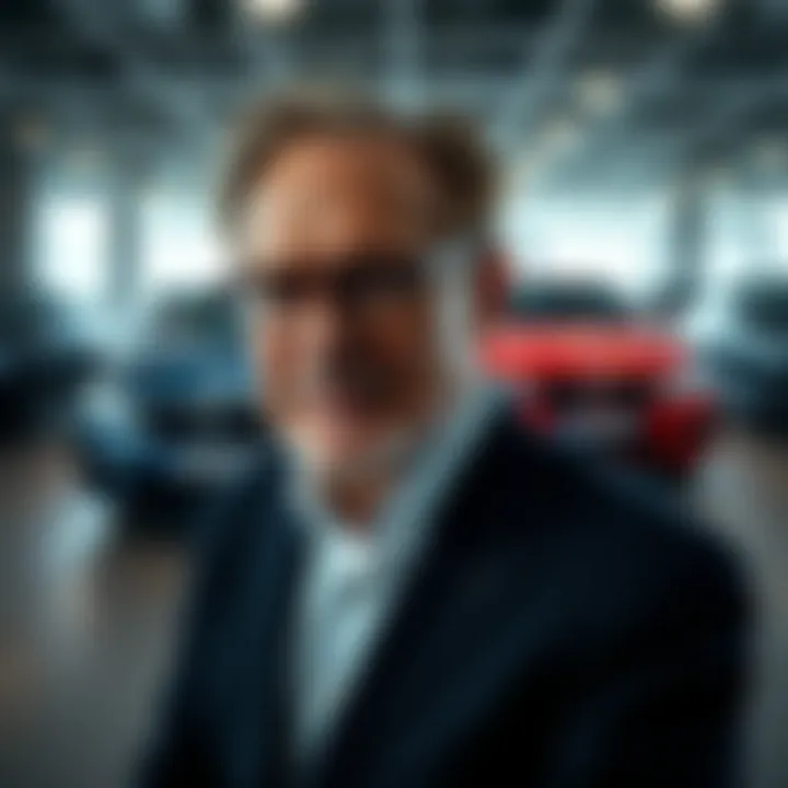 Portrait of Stefan Quandt with a backdrop of BMW vehicles symbolizing his influence in the automotive industry