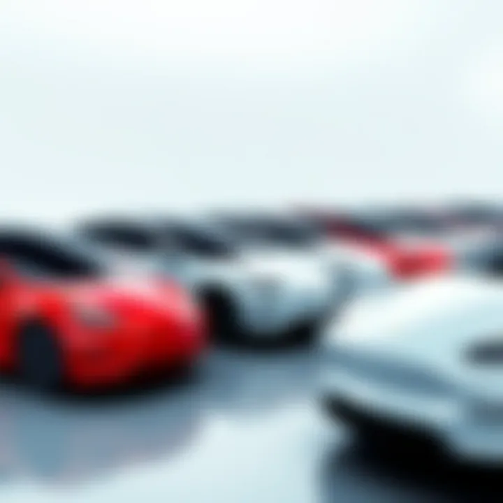 Illustration of Tesla's electric vehicle lineup showcasing various car models on a clean futuristic background