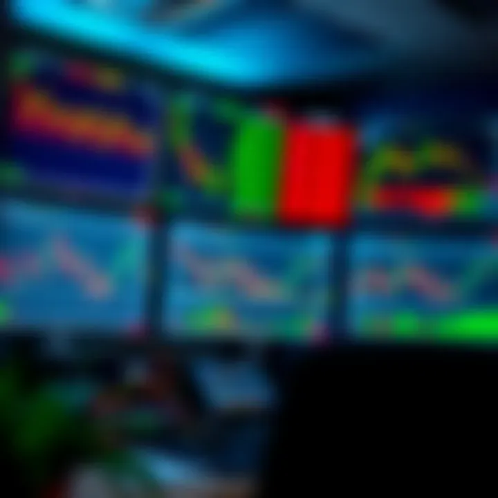 Trading desk setup showing multiple monitors with stock market analytics and volatility indicators