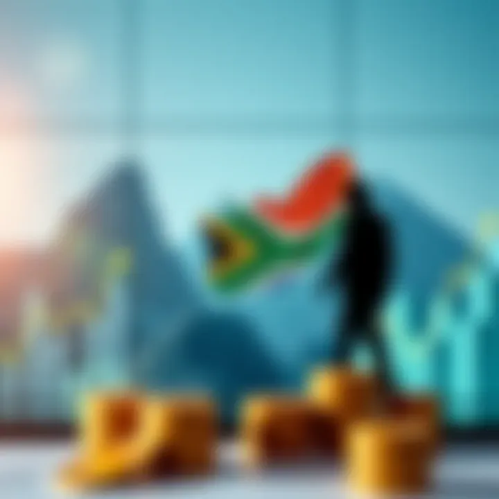 Illustration of a South African business navigating the financial landscape with charts, currency symbols, and strategic planning elements