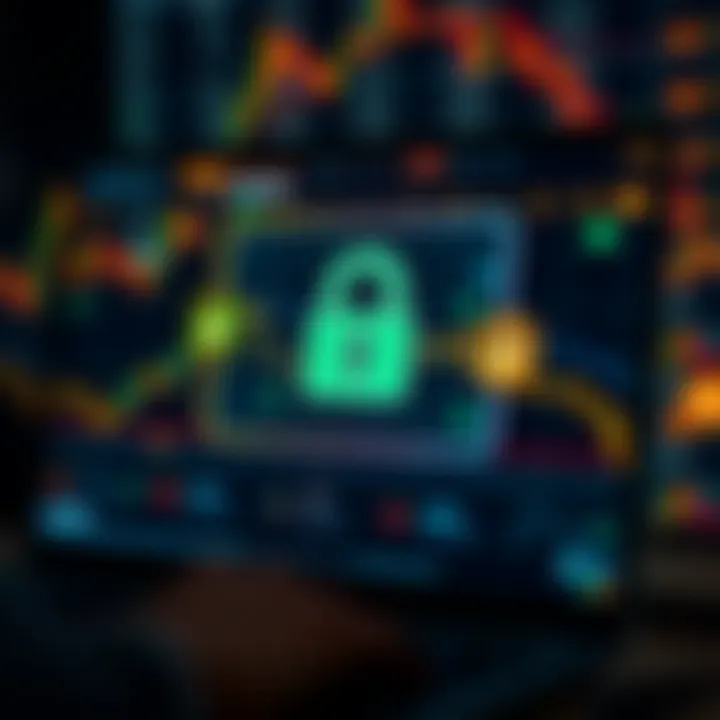 Illustration of a secure login screen with encryption symbols representing safety and data protection in online trading