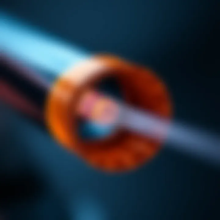 Cross-sectional view of an optical fiber showing core and cladding layers with light propagation path
