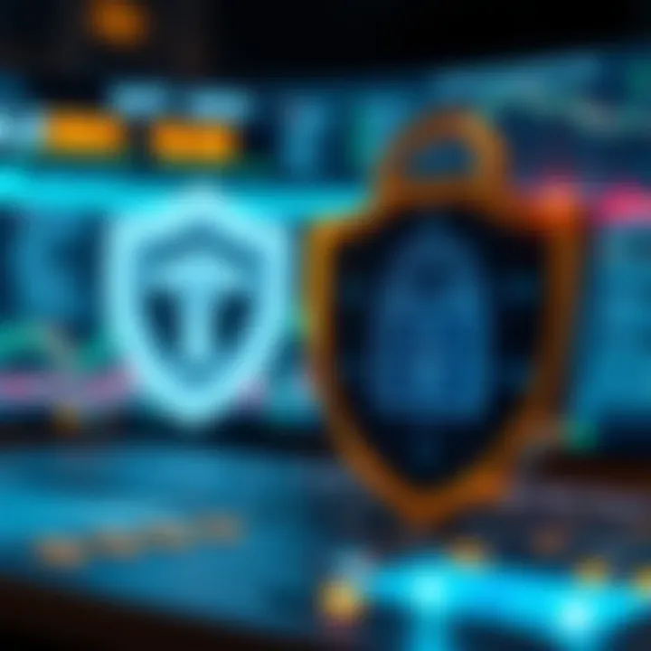 Conceptual illustration of software protection with shield and digital lock symbolizing license security