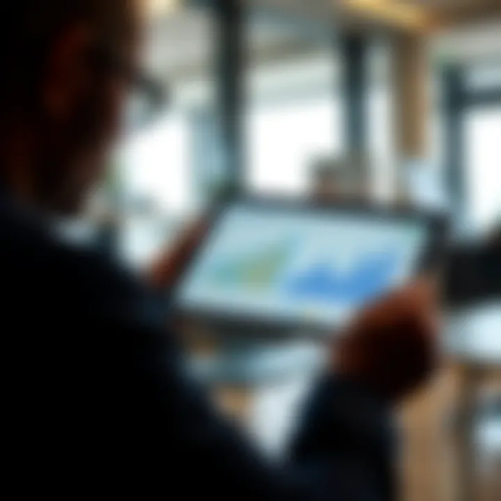 Business professional analyzing a financial growth chart on a digital tablet in a modern office setting