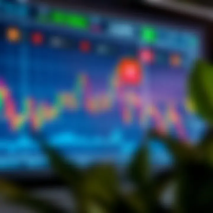 Graph showing various trading signals with fluctuating market trends and alert icons