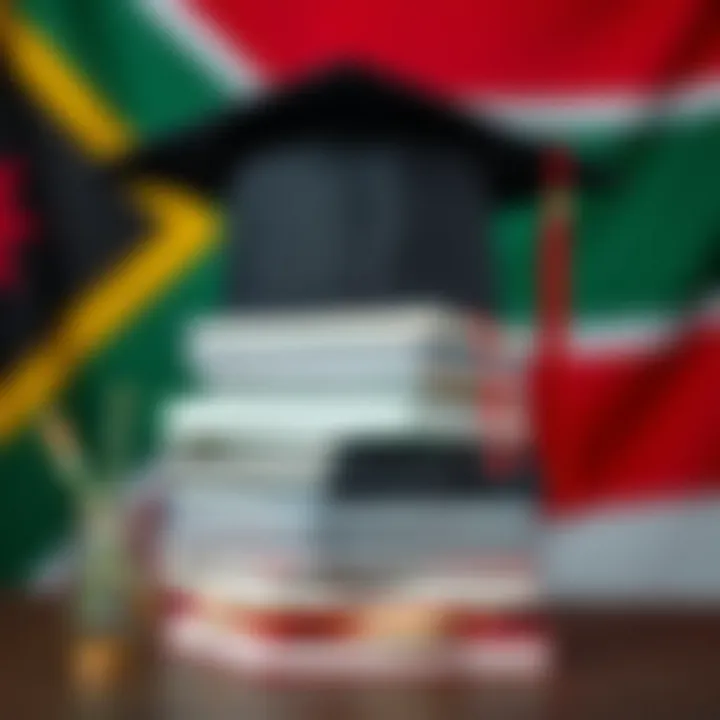 Stack of books with a graduation cap resting on top against a backdrop of South African flag