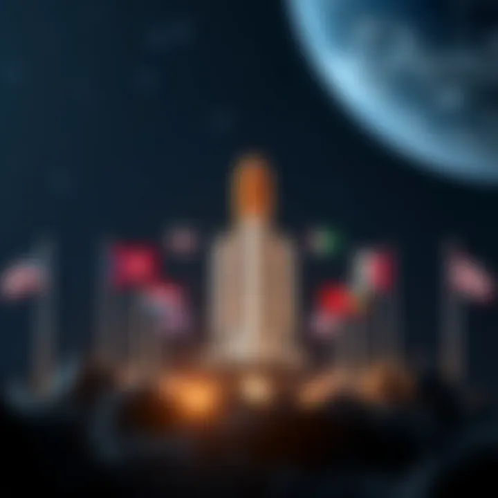 International Cooperation and Resource Opportunities in Space Conceptual graphic showing spacecraft and international flags symbolizing space collaboration and resource exploration