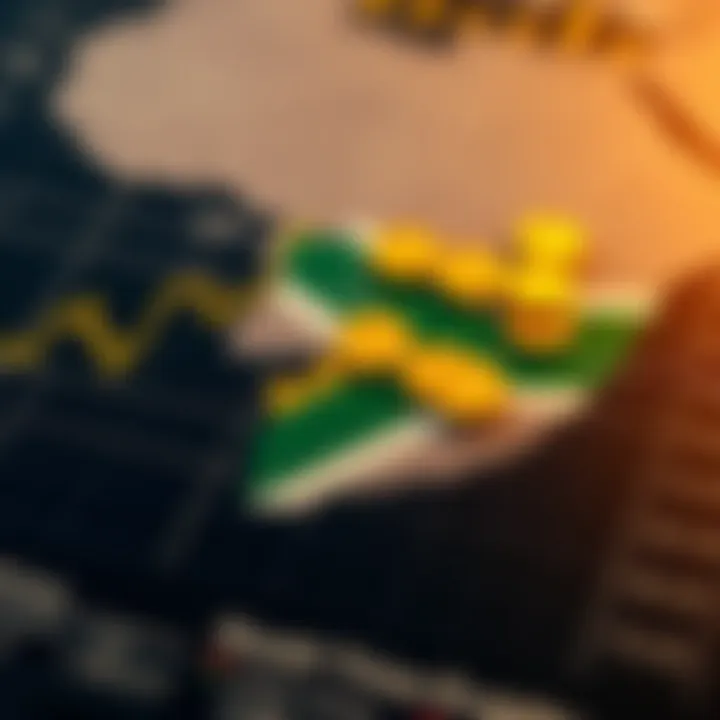 Illustration of economic indicators and a map highlighting South Africa with gold coins