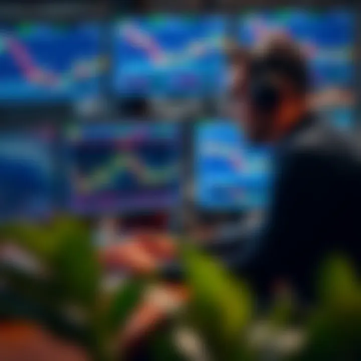 Professional currency trader analyzing forex market trends on multiple monitors