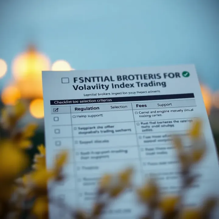 Essential Criteria for Selecting Brokers in Volatility Index Trading Checklist highlighting important broker selection criteria such as regulation, fees, and customer support