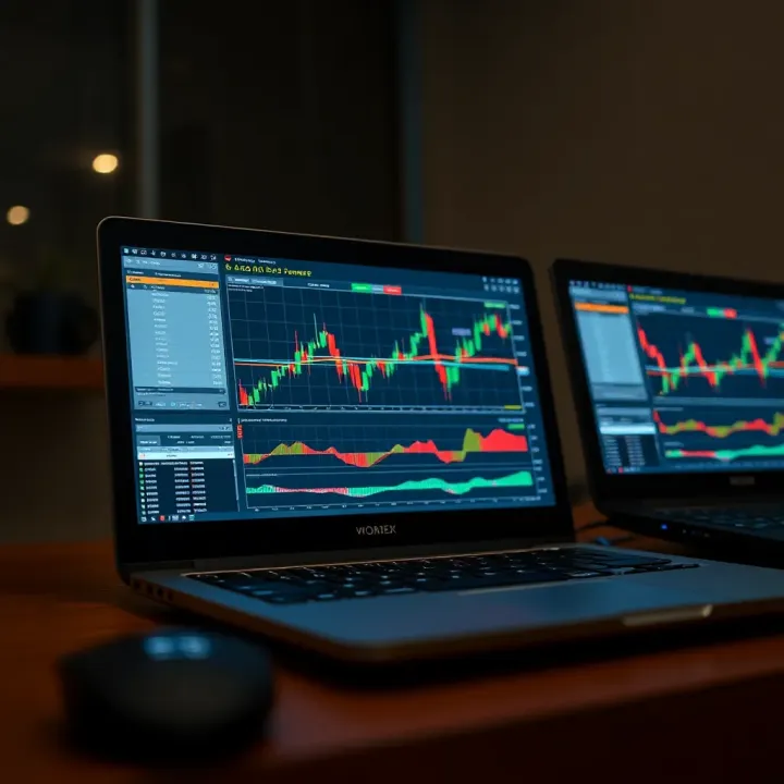 High-performance laptop displaying forex trading charts and graphs with multiple windows open