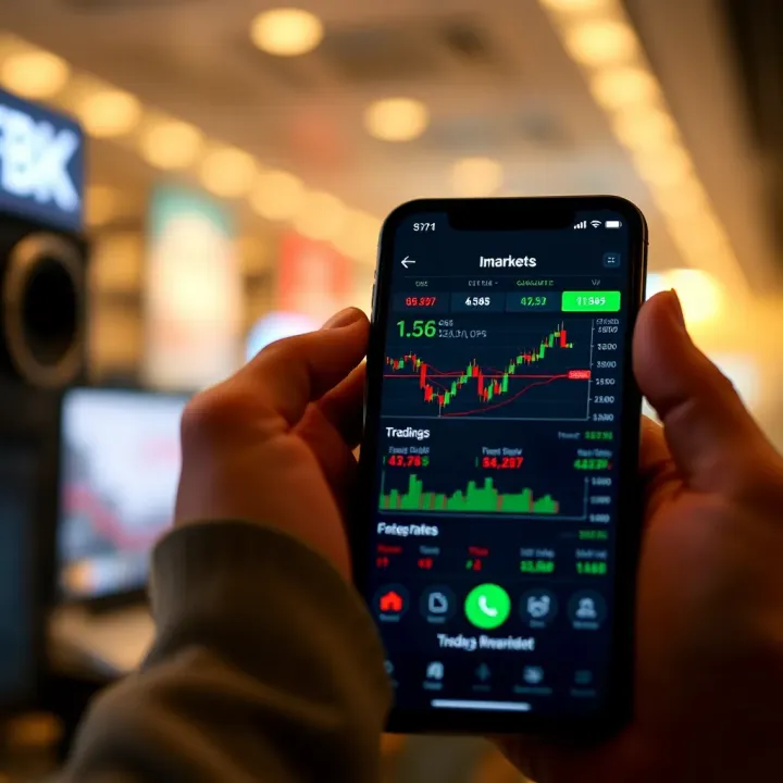 Mobile phone displaying the FBK Markets trading app interface with charts and financial data