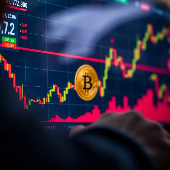 Graph showing Bitcoin price fluctuations over time with trend lines and market indicators