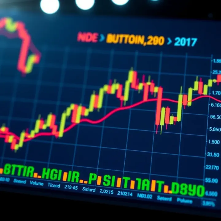 Graph showing fluctuating Dogecoin prices with candlestick patterns and volume indicators