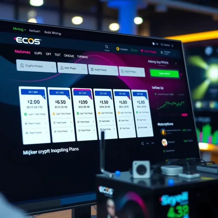 ECOS Mining Platform Overview with Cloud-Based Crypto Plans Cloud-based cryptocurrency mining platform interface showing mining plans and pricing options