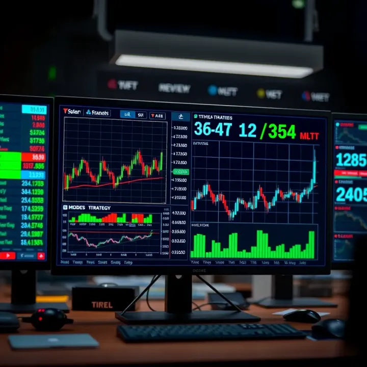 Digital dashboard featuring various financial charts and trading strategy options