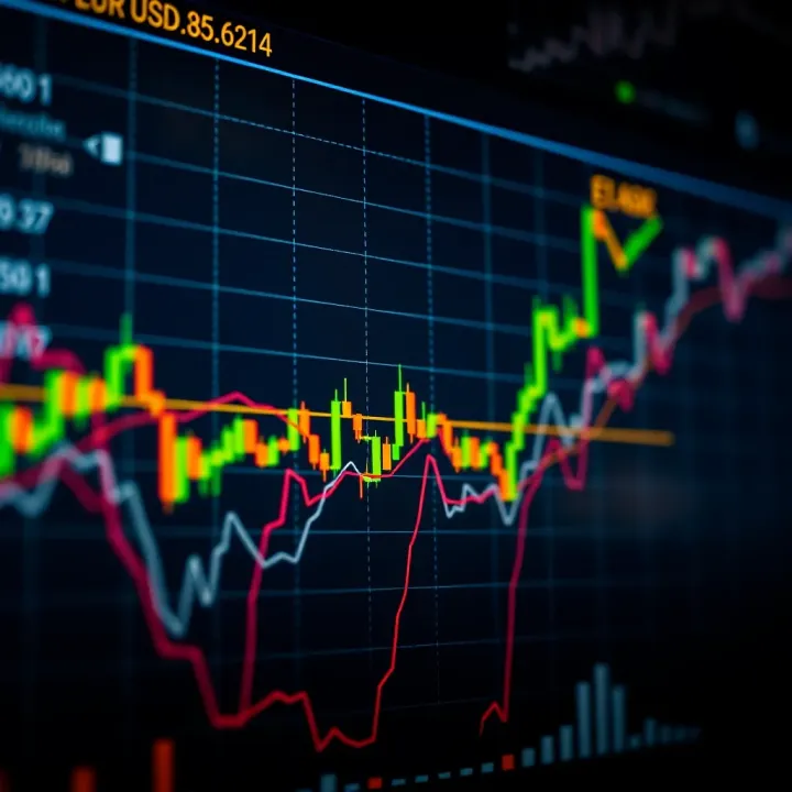 Graph showing euro to dollar exchange rate movements with trend lines and economic indicator symbols