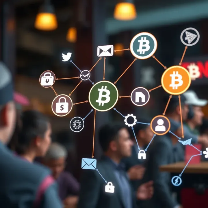 Illustration showing various ewallet icons connected by digital lines symbolizing transaction flow