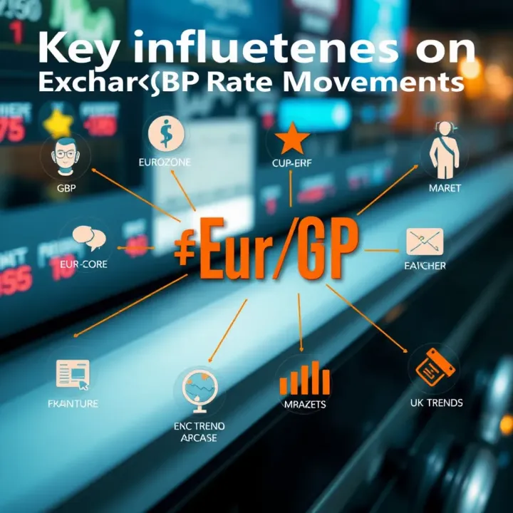 Illustration of factors influencing the EUR/GBP pair including Eurozone and UK economic indicators with market sentiment icons