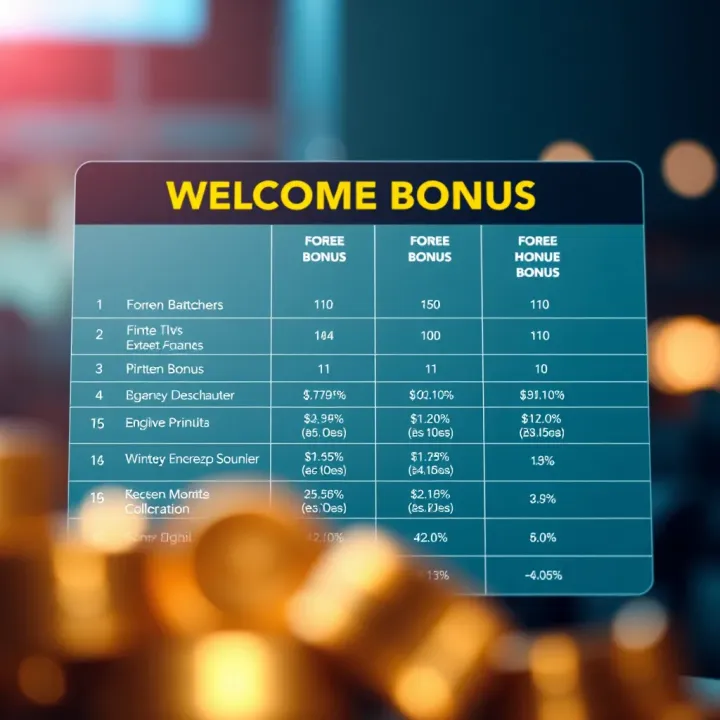 Comparison of Forex Brokers' Welcome Bonus Offers Comparative chart displaying various forex brokers and their welcome bonus features