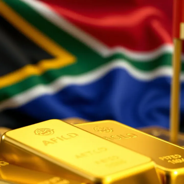 South African Market Factors Affecting Gold Valuation Close-up of gold bars with South African flag in the background representing local market factors