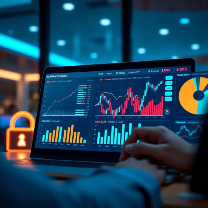 Graphic depicting client feedback analysis and transparency with charts and secure data visuals