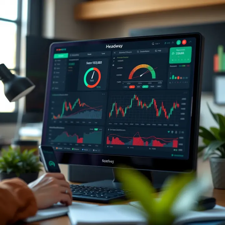 User interface of Headway Broker showing trading dashboard with charts and market data