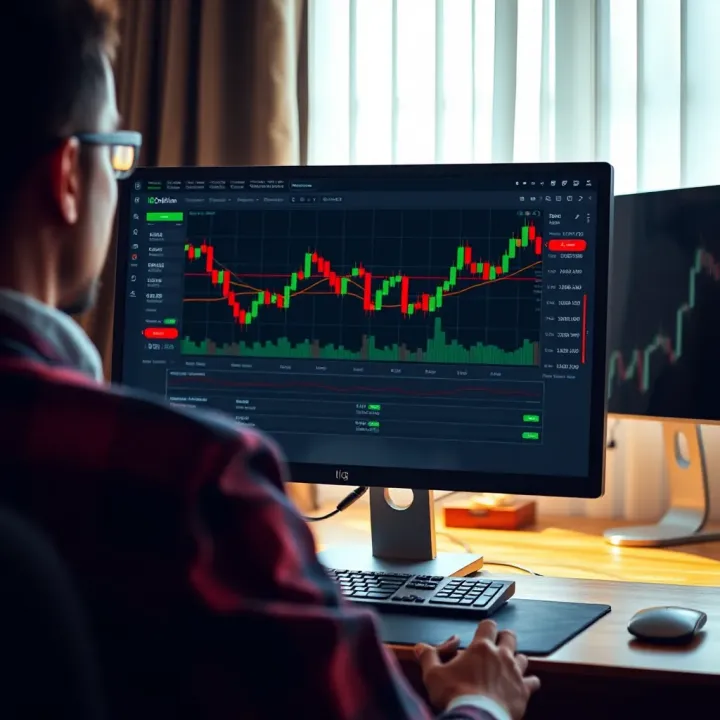 Computer screen displaying IQ Option software interface with charts and trading data