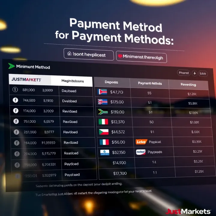 Chart displaying JustMarkets minimum deposit options alongside popular payment methods available for South African traders